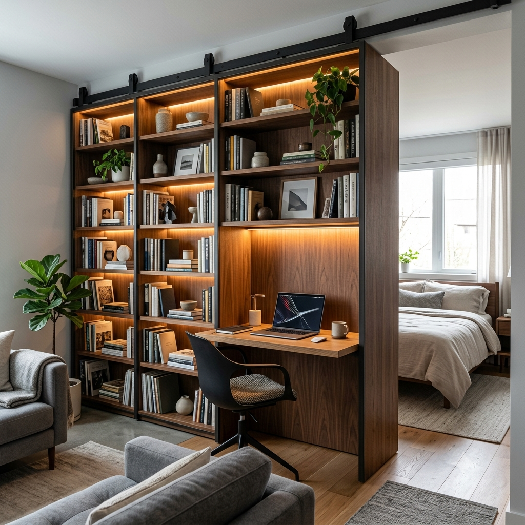 Sliding bookshelf room divider with integrated desk, versatile space separating furniture solution
